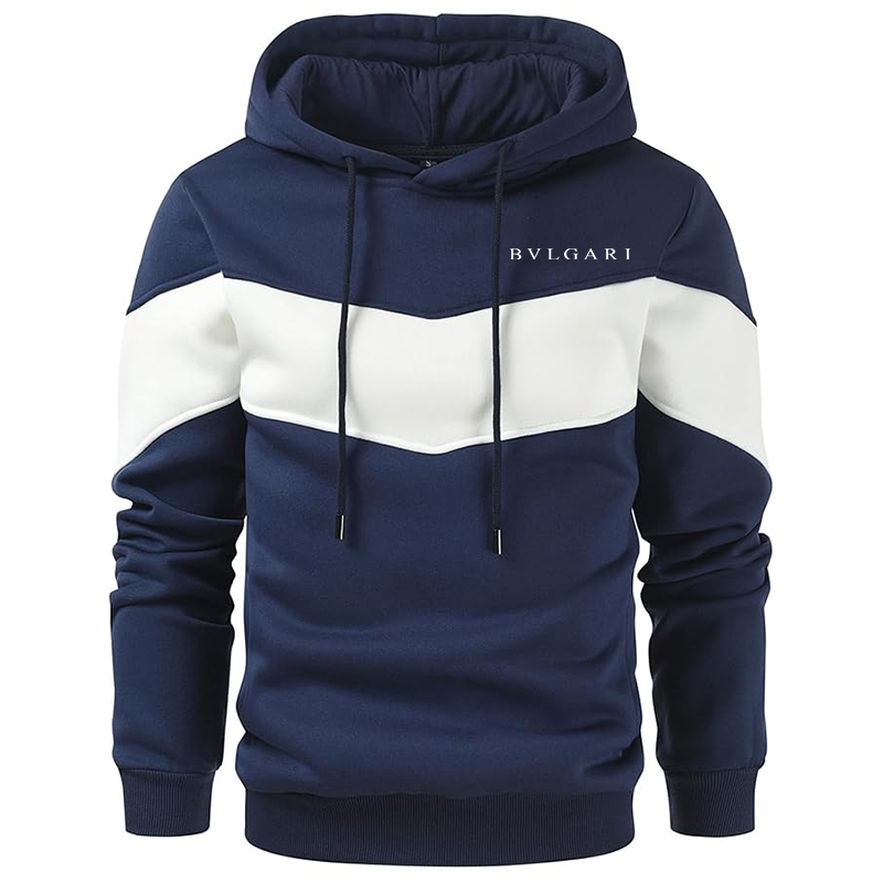 Men's BVLGARI Gesean Novelty Color Block Pullover Fleece Hoodie Long Sleeve Casual Sweatshirt with Pocket