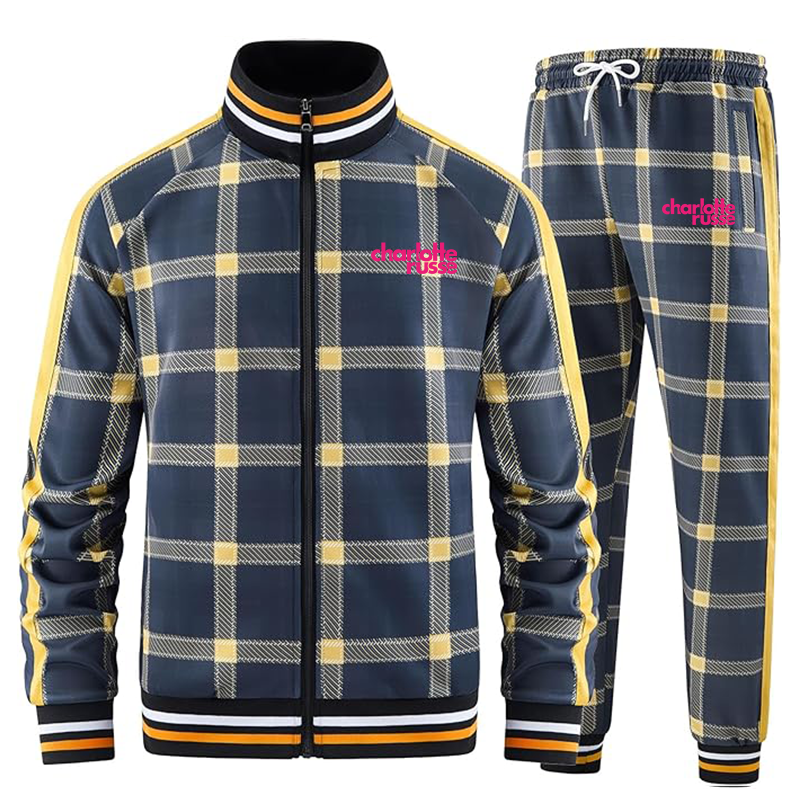 Men's Charlotte Russe Tracksuits Full-zip Long Sleeve Plaid Track Jackets and Pants 2 Piece