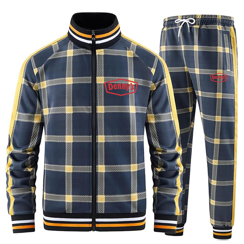 Men's Dennys Tracksuits Full-zip Long Sleeve Plaid Track Jackets and Pants 2 Piece