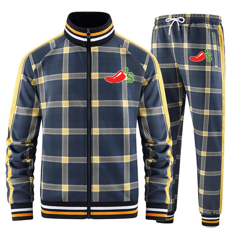 Men's Chilis Tracksuits Full-zip Long Sleeve Plaid Track Jackets and Pants 2 Piece