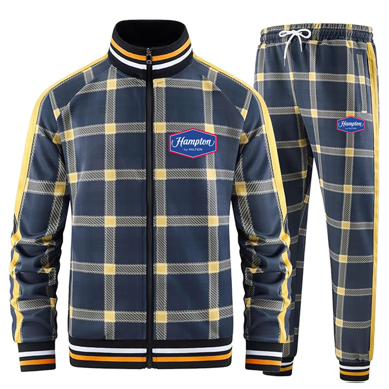 Men's Hampton Tracksuits Full-zip Long Sleeve Plaid Track Jackets and Pants 2 Piece