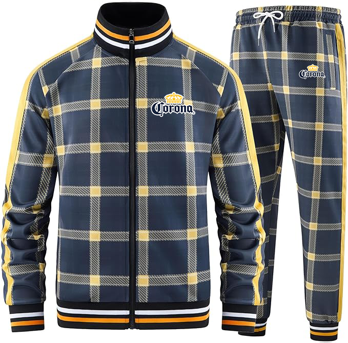 Men's Corona Tracksuits Full-zip Long Sleeve Plaid Track Jackets and Pants 2 Piece