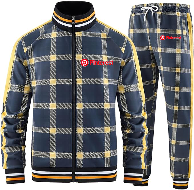 Men's Pinterest Tracksuits Full-zip Long Sleeve Plaid Track Jackets and Pants 2 Piece
