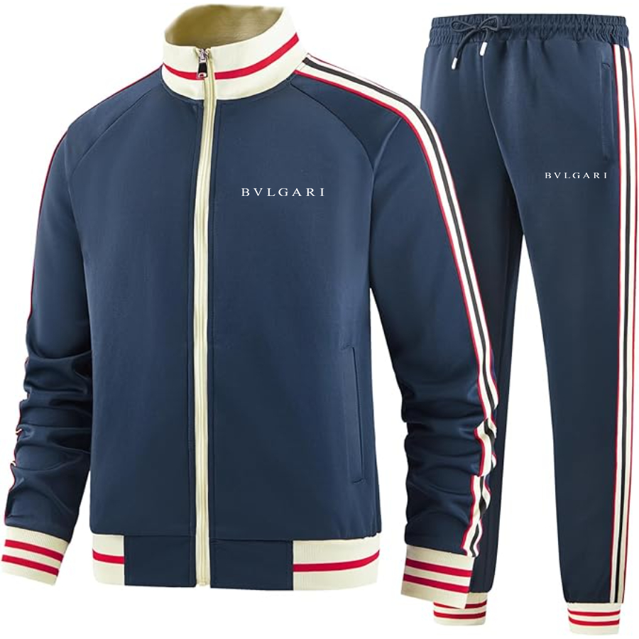 Men's BVLGARI Two-Piece Designer Tracksuit with Bold Striped Accents and Zippered Front Elevated Athletic Wear