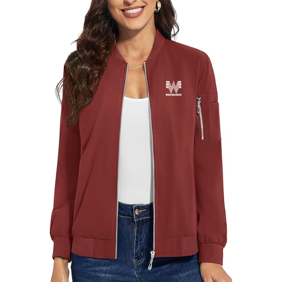 Women's What A Burger Premium Bomber Jacket with Polished Detailing and Functional Sleeve Pocket Modern Luxury Outerwear