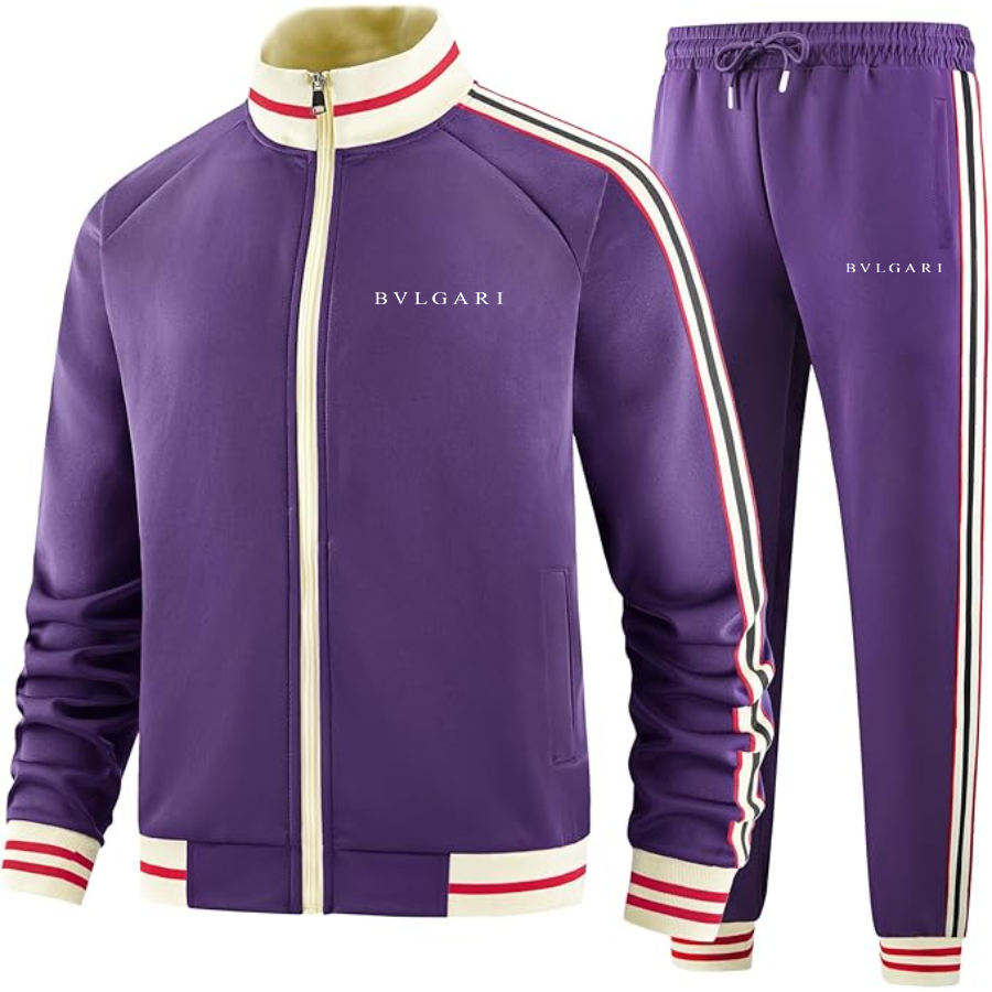 Men's BVLGARI Two-Piece Designer Tracksuit with Bold Striped Accents and Zippered Front Elevated Athletic Wear
