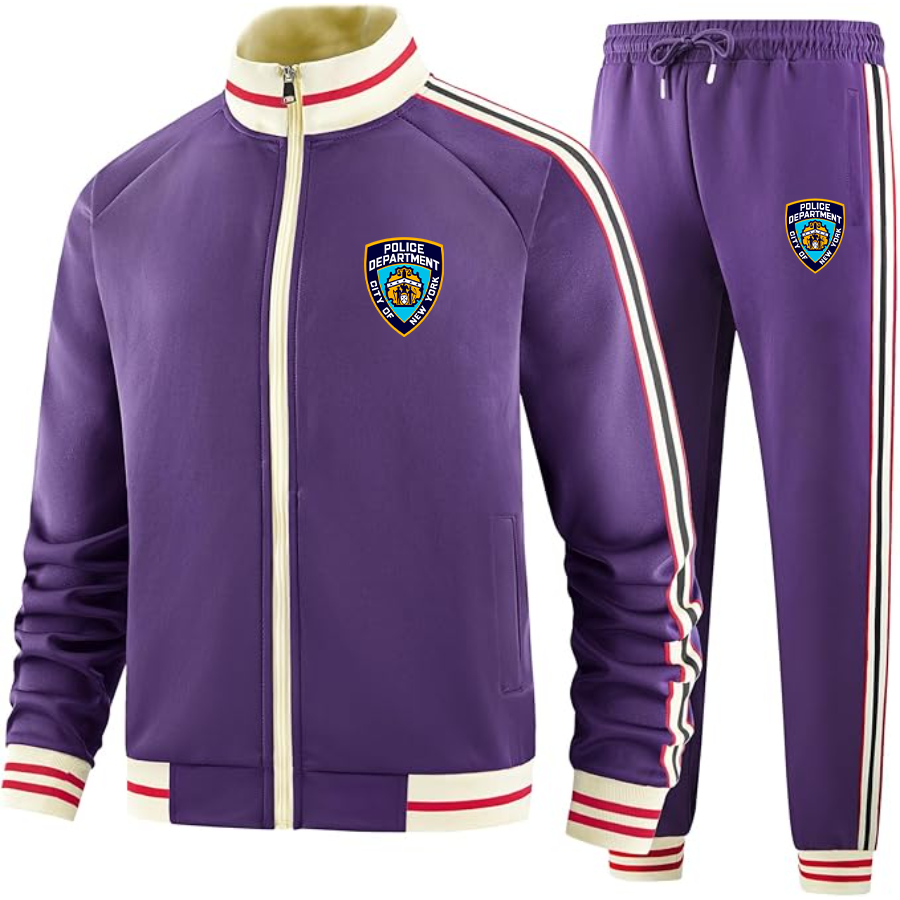 Men's NYPD Two-Piece Designer Tracksuit with Bold Striped Accents and Zippered Front Elevated Athletic Wear