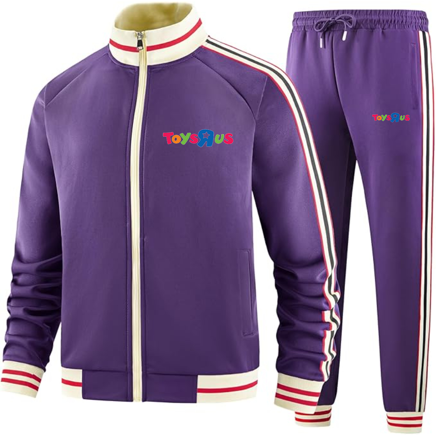 Men's Toys R Us Two-Piece Designer Tracksuit with Bold Striped Accents and Zippered Front Elevated Athletic Wear