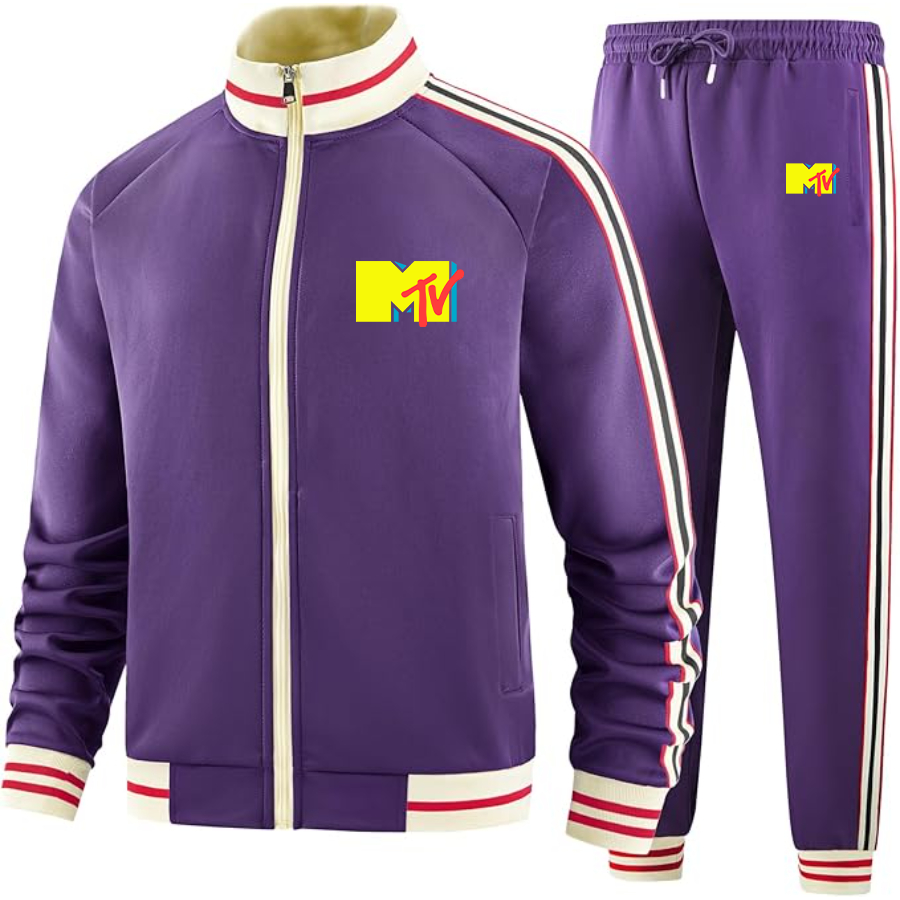 Men's M.T.V Two-Piece Designer Tracksuit with Bold Striped Accents and Zippered Front Elevated Athletic Wear