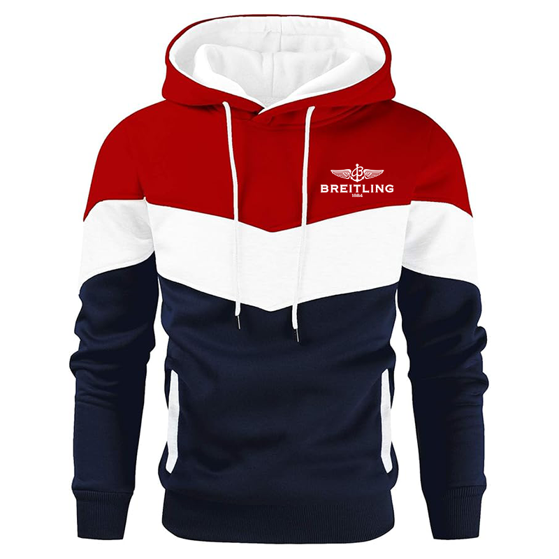 Men's Breitling Gesean Novelty Color Block Pullover Fleece Hoodie Long Sleeve Casual Sweatshirt with Pocket
