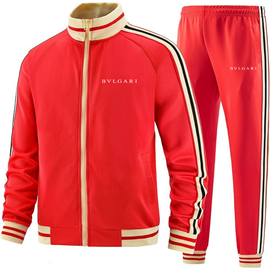 Men's BVLGARI Two-Piece Designer Tracksuit with Bold Striped Accents and Zippered Front Elevated Athletic Wear