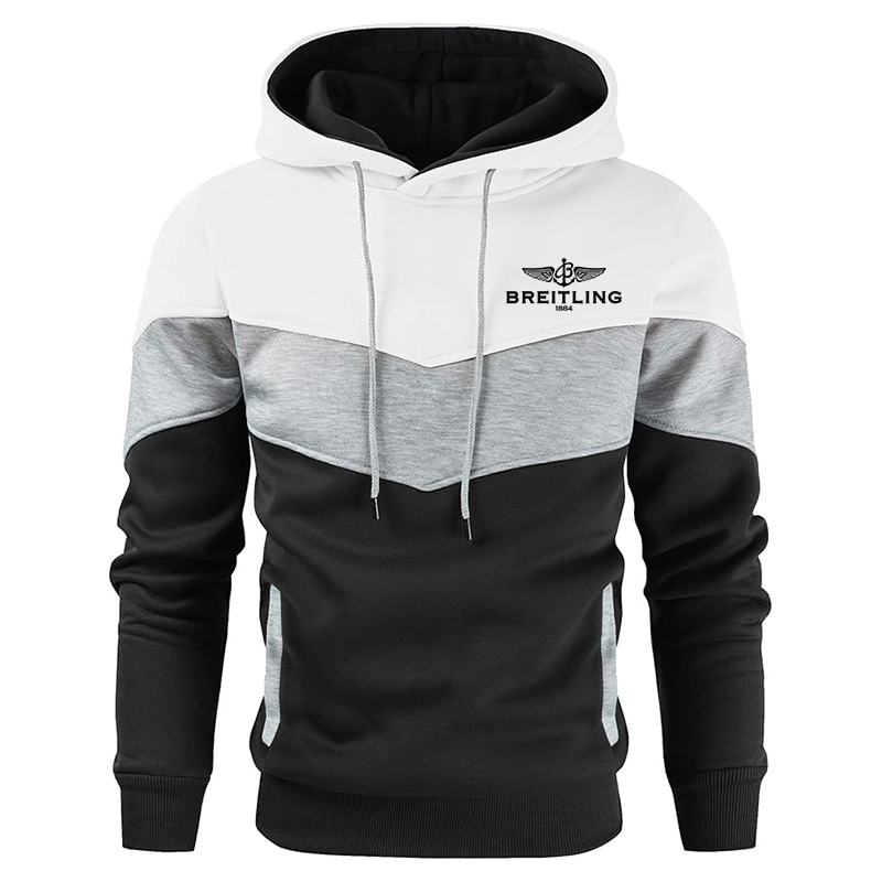 Men's Breitling Gesean Novelty Color Block Pullover Fleece Hoodie Long Sleeve Casual Sweatshirt with Pocket
