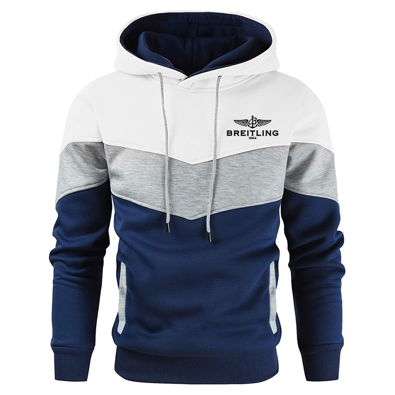Men's Breitling Gesean Novelty Color Block Pullover Fleece Hoodie Long Sleeve Casual Sweatshirt with Pocket