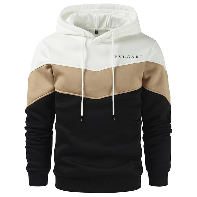Men's BVLGARI Gesean Novelty Color Block Pullover Fleece Hoodie Long Sleeve Casual Sweatshirt with Pocket