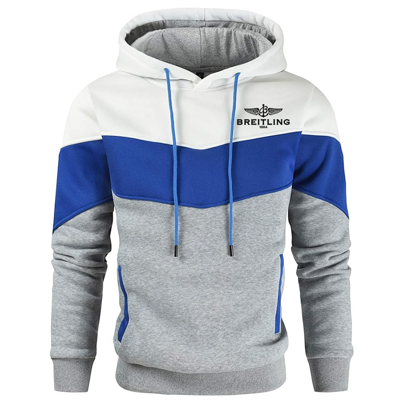 Men's Breitling Gesean Novelty Color Block Pullover Fleece Hoodie Long Sleeve Casual Sweatshirt with Pocket