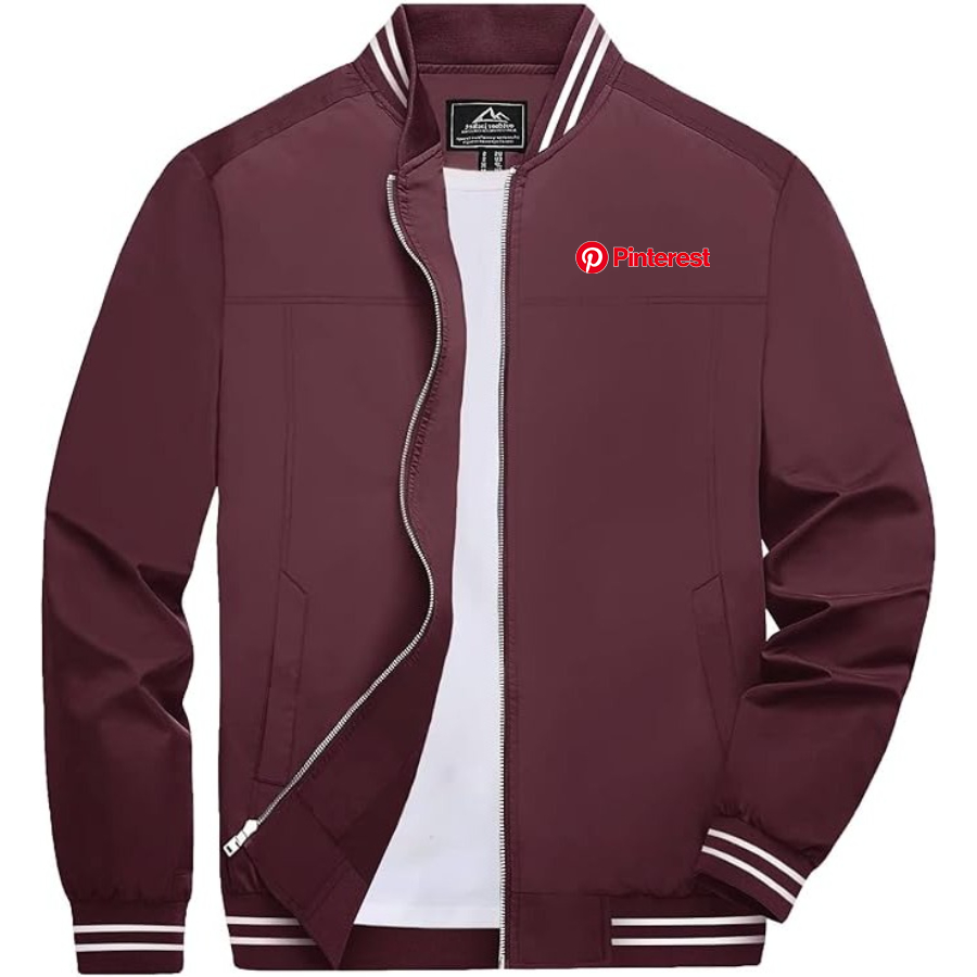 Men's Pinterest Lightweight Zip-Up Bomber Jacket with Ribbed Collar and Cuffs Versatile Casual Outerwear