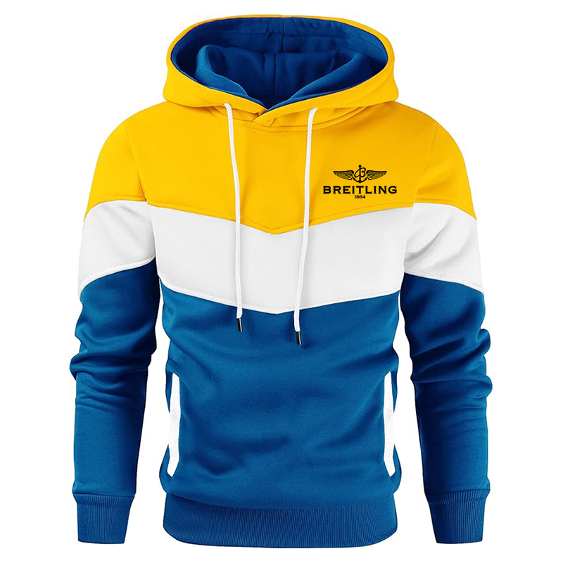 Men's Breitling Gesean Novelty Color Block Pullover Fleece Hoodie Long Sleeve Casual Sweatshirt with Pocket