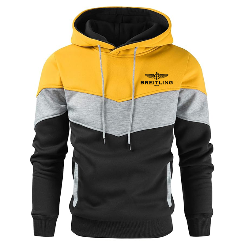 Men's Breitling Gesean Novelty Color Block Pullover Fleece Hoodie Long Sleeve Casual Sweatshirt with Pocket