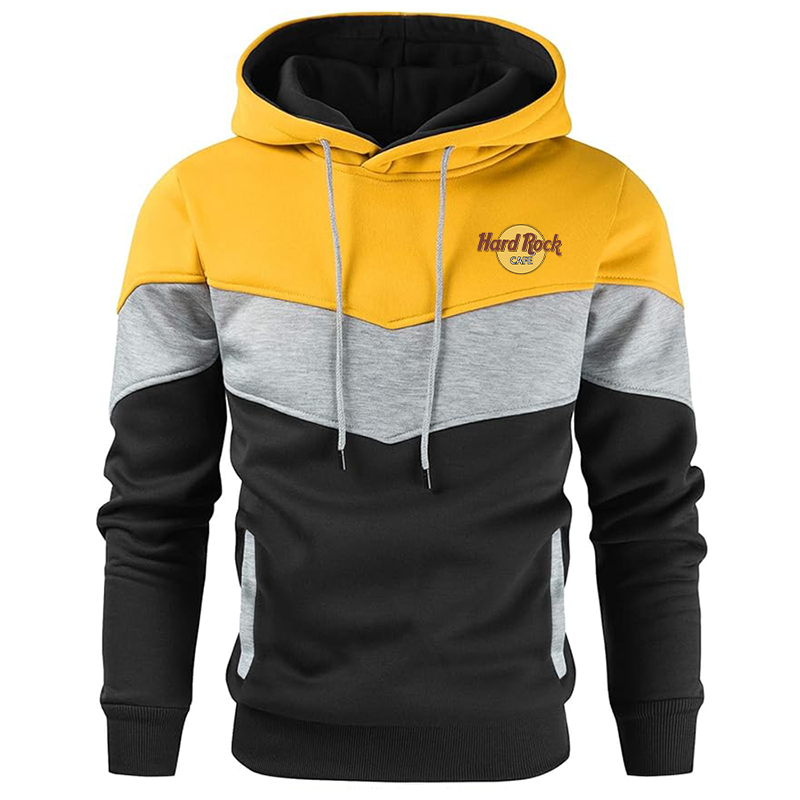 Men's Hard Rock Cafe Gesean Novelty Color Block Pullover Fleece Hoodie Long Sleeve Casual Sweatshirt with Pocket