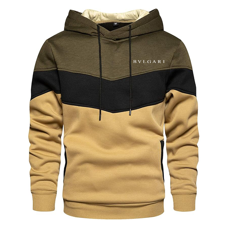 Men's BVLGARI Gesean Novelty Color Block Pullover Fleece Hoodie Long Sleeve Casual Sweatshirt with Pocket
