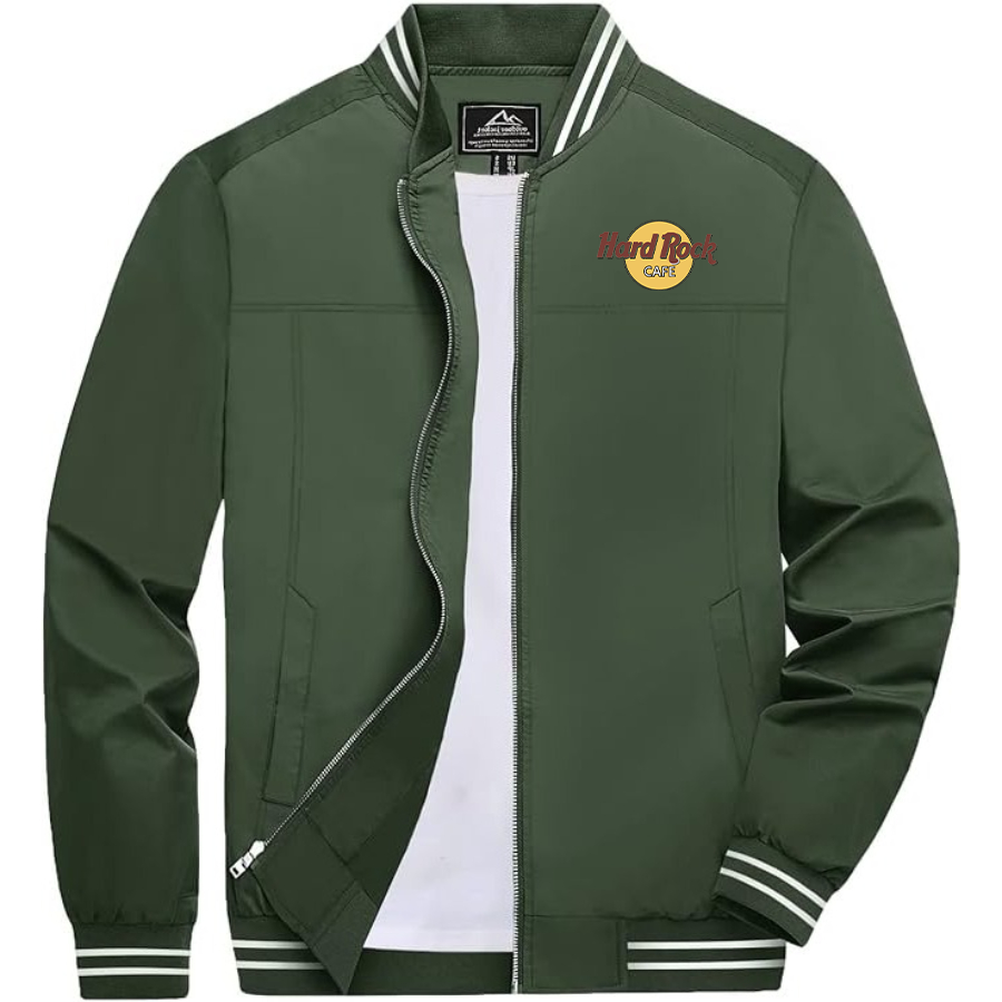 Men's Hard Rock Cafe Lightweight Zip-Up Bomber Jacket with Ribbed Collar and Cuffs Versatile Casual Outerwear