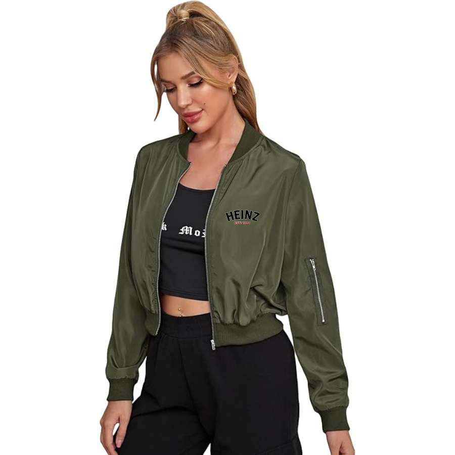 Women's HEINZ Lightweight Bomber Biker Jacket Zip up Windbreaker Crop Bomber Jacket Coat
