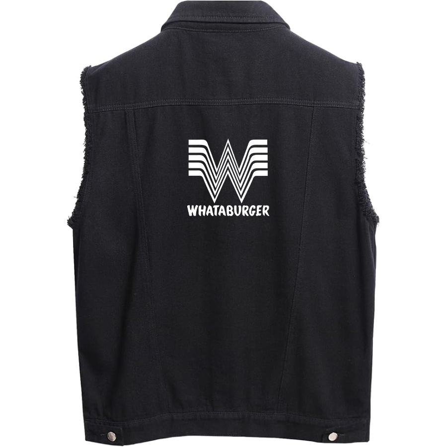 Men's What A Burger Sleeveless Distressed Denim Vest Rugged Black Jean Jacket