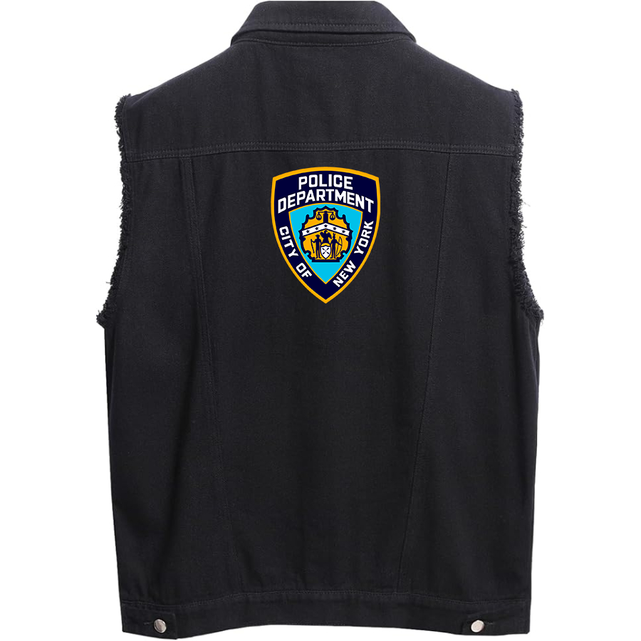 Men's NYPD Sleeveless Distressed Denim Vest Rugged Black Jean Jacket