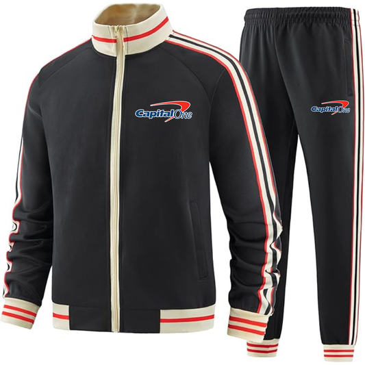 Men's Capital One Two-Piece Designer Tracksuit with Bold Striped Accents and Zippered Front Elevated Athletic Wear
