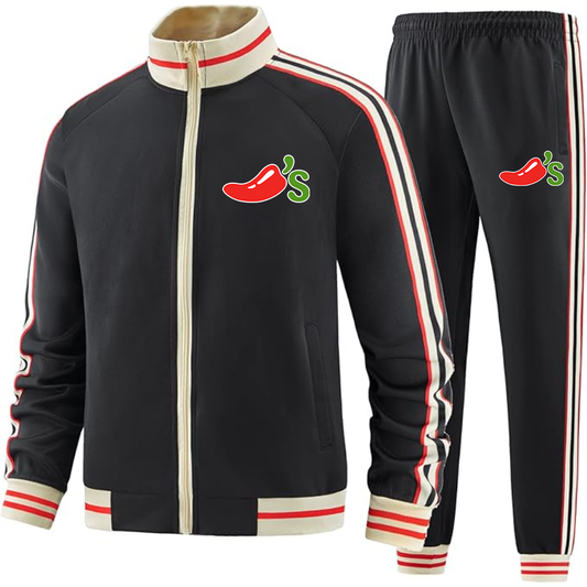 Men's Chilis Two-Piece Designer Tracksuit with Bold Striped Accents and Zippered Front Elevated Athletic Wear