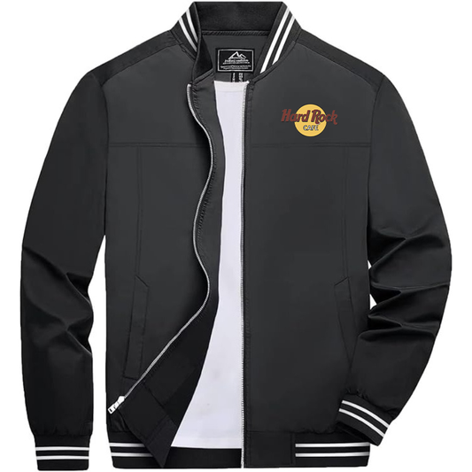 Men's Hard Rock Cafe Lightweight Zip-Up Bomber Jacket with Ribbed Collar and Cuffs Versatile Casual Outerwear
