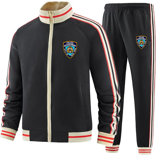 Men's  NYPD Two-Piece Designer Tracksuit with Bold Striped Accents and Zippered Front Elevated Athletic Wear
