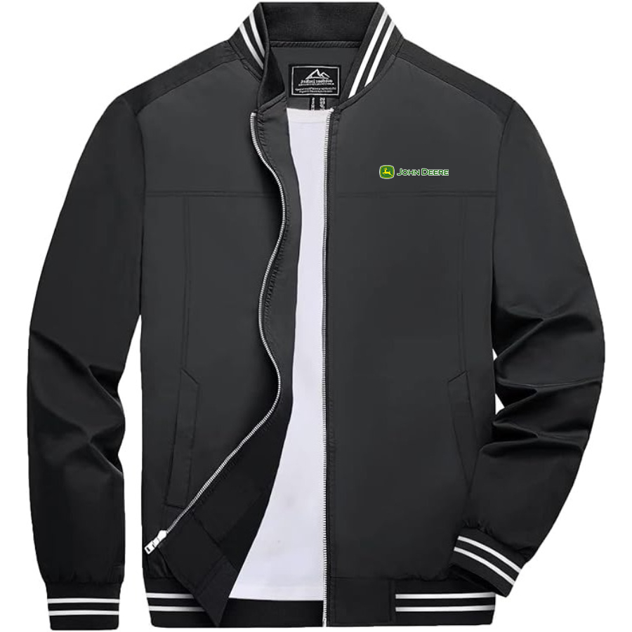 Men's John Deere Lightweight Zip-Up Bomber Jacket with Ribbed Collar and Cuffs Versatile Casual Outerwear