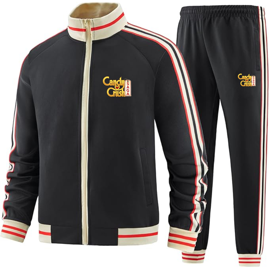 Men's Candy Crush Two-Piece Designer Tracksuit with Bold Striped Accents and Zippered Front Elevated Athletic Wear