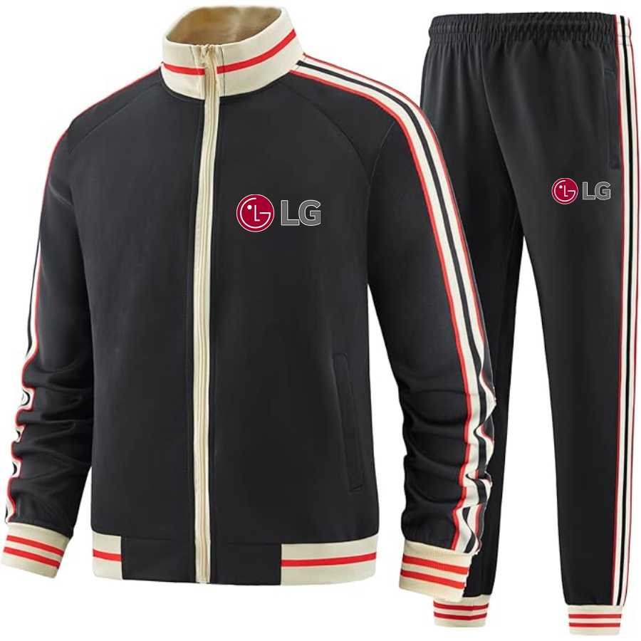 Men's  LG Two-Piece Designer Tracksuit with Bold Striped Accents and Zippered Front Elevated Athletic Wear