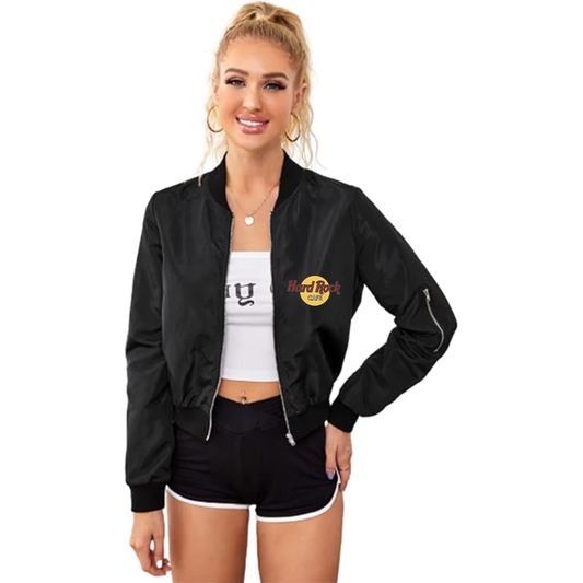 Women's Hard Rock Cafe Lightweight Bomber Biker Jacket Zip up Windbreaker Crop Bomber Jacket Coat