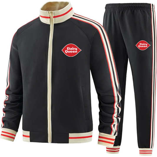 Men's Dairy Queen Two-Piece Designer Tracksuit with Bold Striped Accents and Zippered Front Elevated Athletic Wear