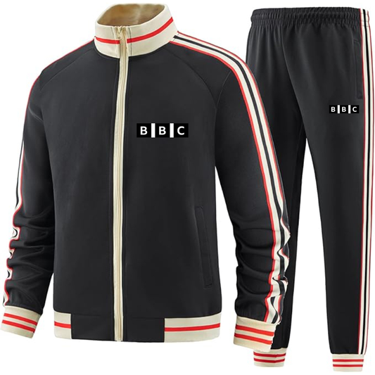 Men's  BBC Two-Piece Designer Tracksuit with Bold Striped Accents and Zippered Front Elevated Athletic Wear