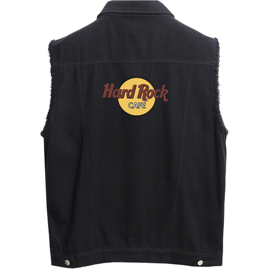 Men's Hard Rock Cafe Sleeveless Distressed Denim Vest Rugged Black Jean Jacket