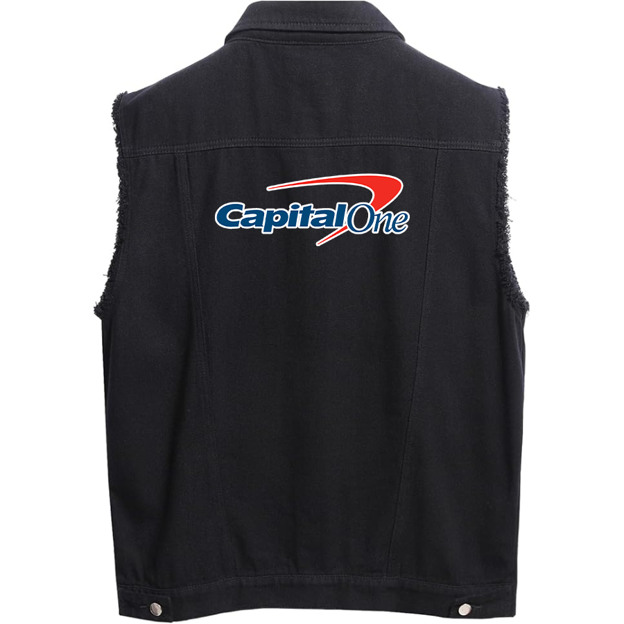 Men's Capital One Sleeveless Distressed Denim Vest Rugged Black Jean Jacket