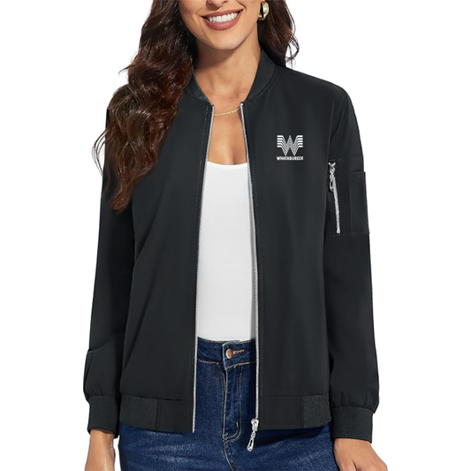 Women's What A Burger Premium Bomber Jacket with Polished Detailing and Functional Sleeve Pocket Modern Luxury Outerwear