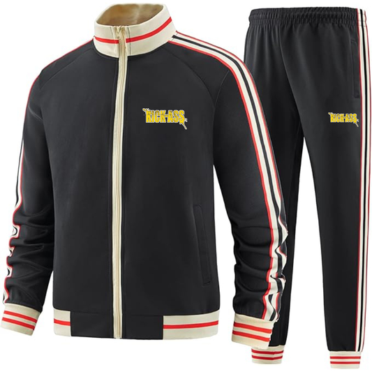 Men's Kick-Ass Two-Piece Designer Tracksuit with Bold Striped Accents and Zippered Front Elevated Athletic Wear