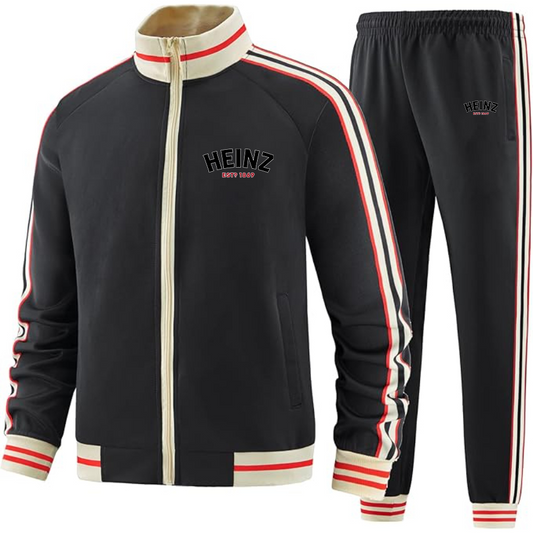 Men's  HEINZ Two-Piece Designer Tracksuit with Bold Striped Accents and Zippered Front Elevated Athletic Wear