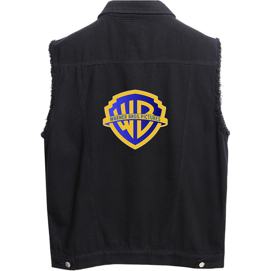 Men's Warner Bros Sleeveless Distressed Denim Vest Rugged Black Jean Jacket