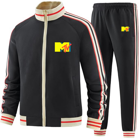 Men's M.T.V Two-Piece Designer Tracksuit with Bold Striped Accents and Zippered Front Elevated Athletic Wear