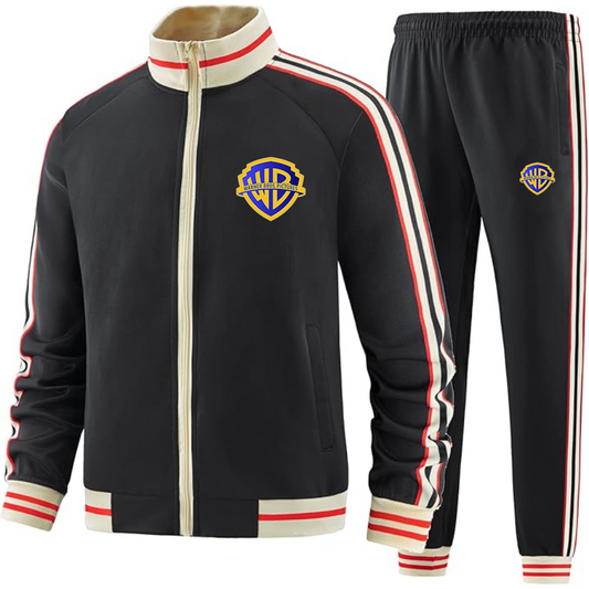 Men's  Warner Bros  Two-Piece Designer Tracksuit with Bold Striped Accents and Zippered Front Elevated Athletic Wear