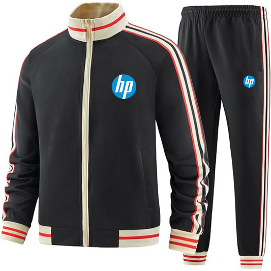 Men's hp Two-Piece Designer Tracksuit with Bold Striped Accents and Zippered Front Elevated Athletic Wear
