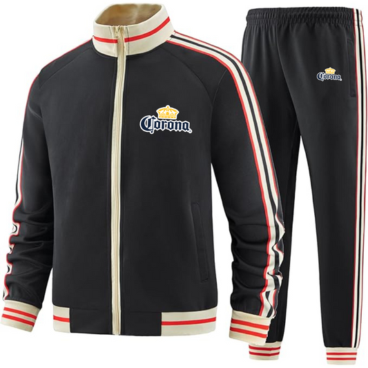 Men's Corona Two-Piece Designer Tracksuit with Bold Striped Accents and Zippered Front Elevated Athletic Wear