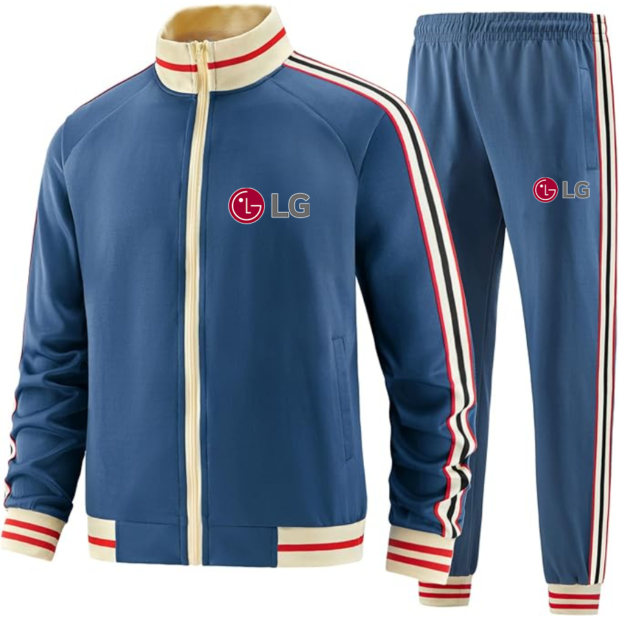 Men's  LG Two-Piece Designer Tracksuit with Bold Striped Accents and Zippered Front Elevated Athletic Wear