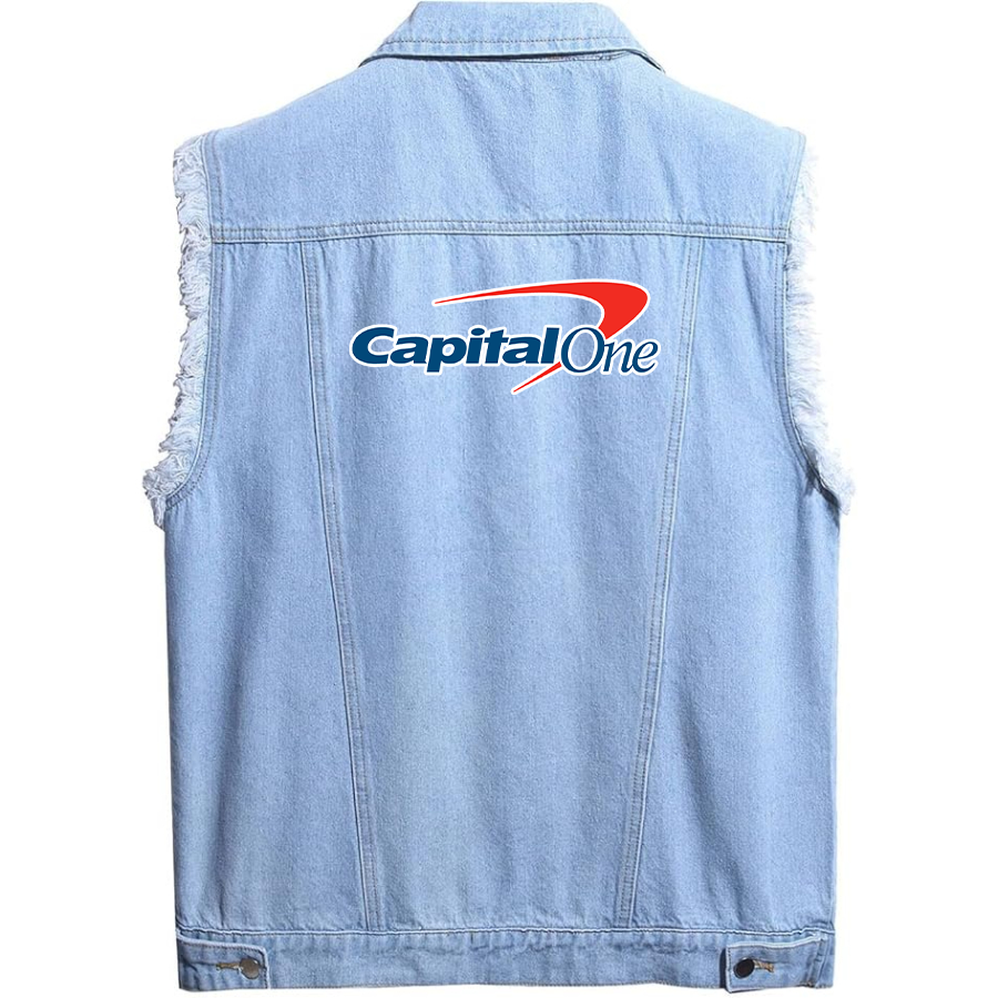 Men's Capital One Sleeveless Distressed Denim Vest Rugged Black Jean Jacket